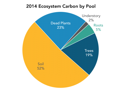 Pie chart showing the distribution of biomass and soil carbon stocks on the California landscape. Approximately 5,330 million metric tons of carbon was stored in 2014, about half in soils and the remainder split between living and dead biomass.